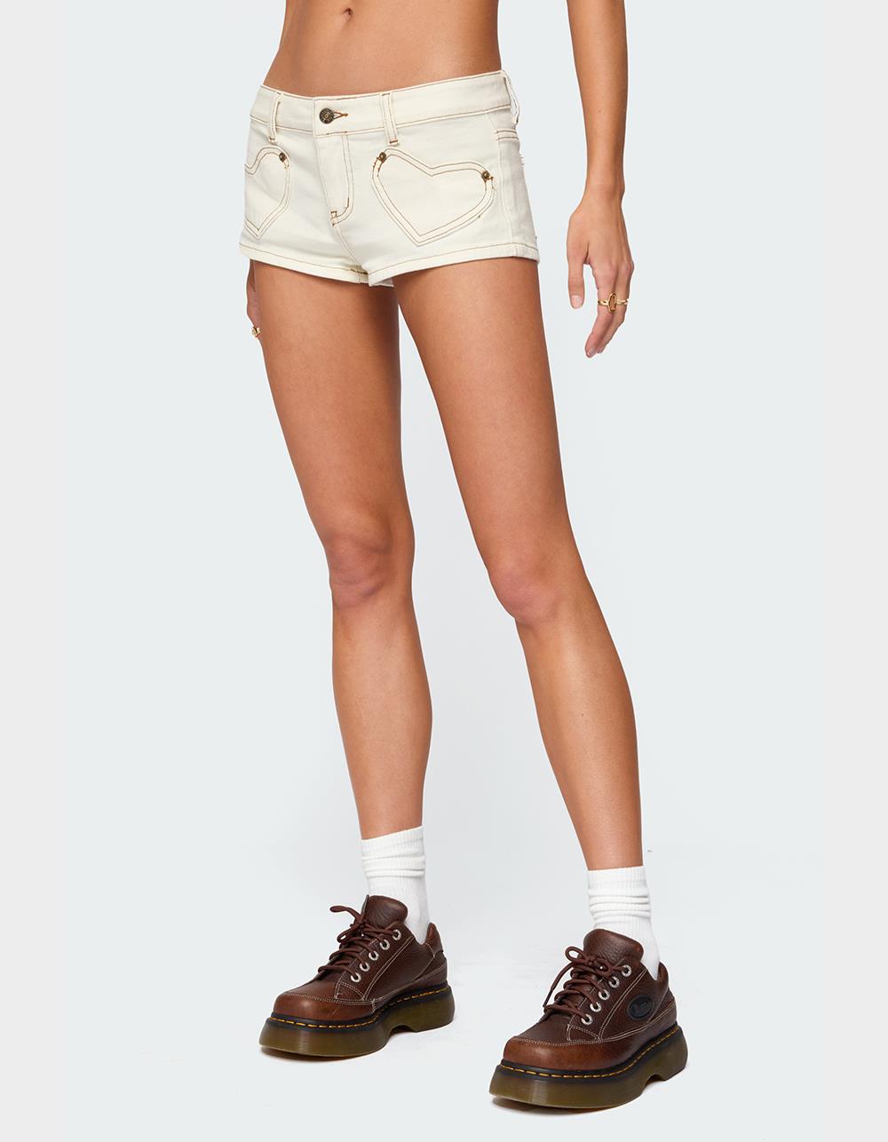 EDIKTED Hearts Low Rise Micro Denim Shorts - BEIGE