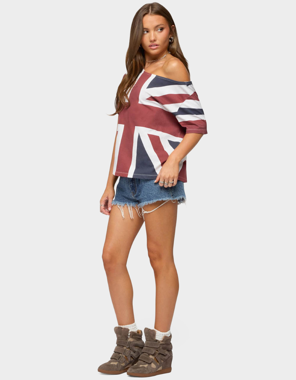 EDIKTED Union Jack Off Shoulder Tee - NAVY