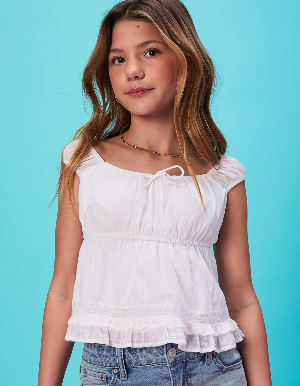 RSQ Girls Tie Solid Babydoll Top - WHITE