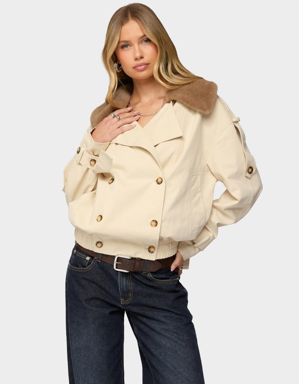 EDIKTED Detachable Faux Fur Trench Coat - BEIGE