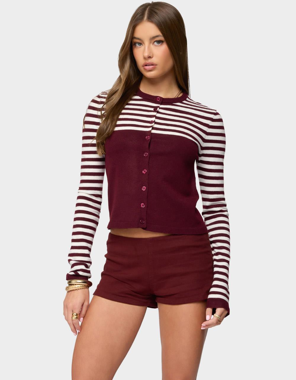 EDIKTED Goni Stripey Knit Cardigan - DK RED