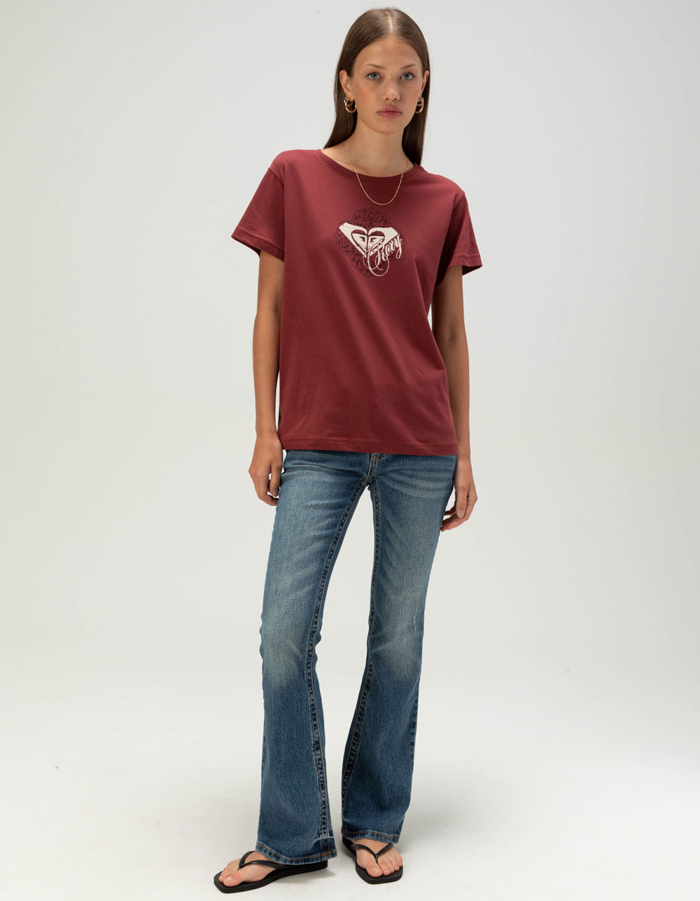 ROXY Rhinestone Womens Boyfriend Tee - BURGUNDY