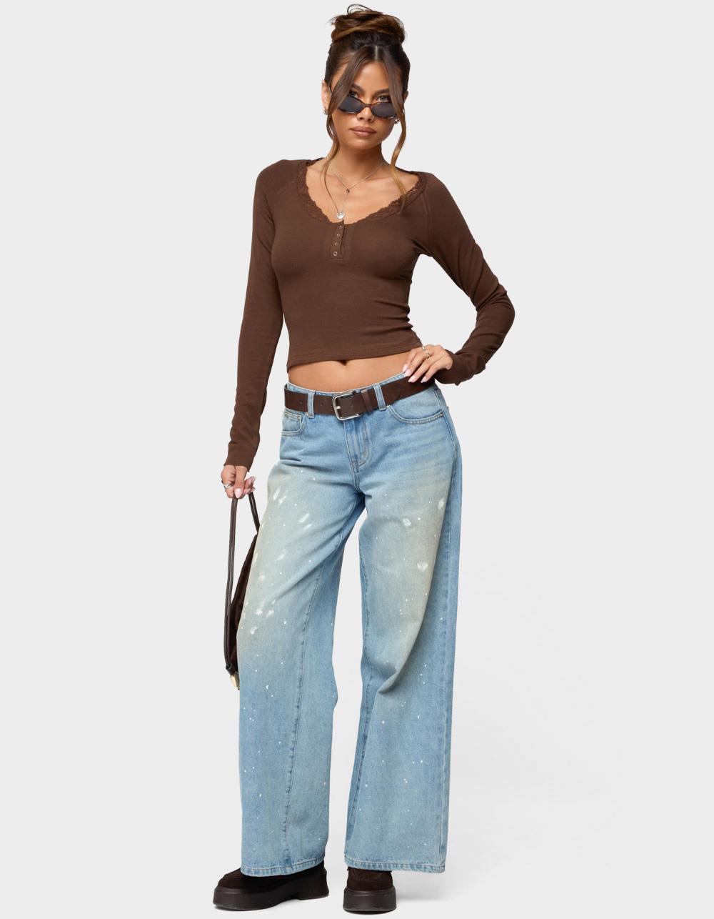 EDIKTED Shanah Lacey Henley Top - BROWN