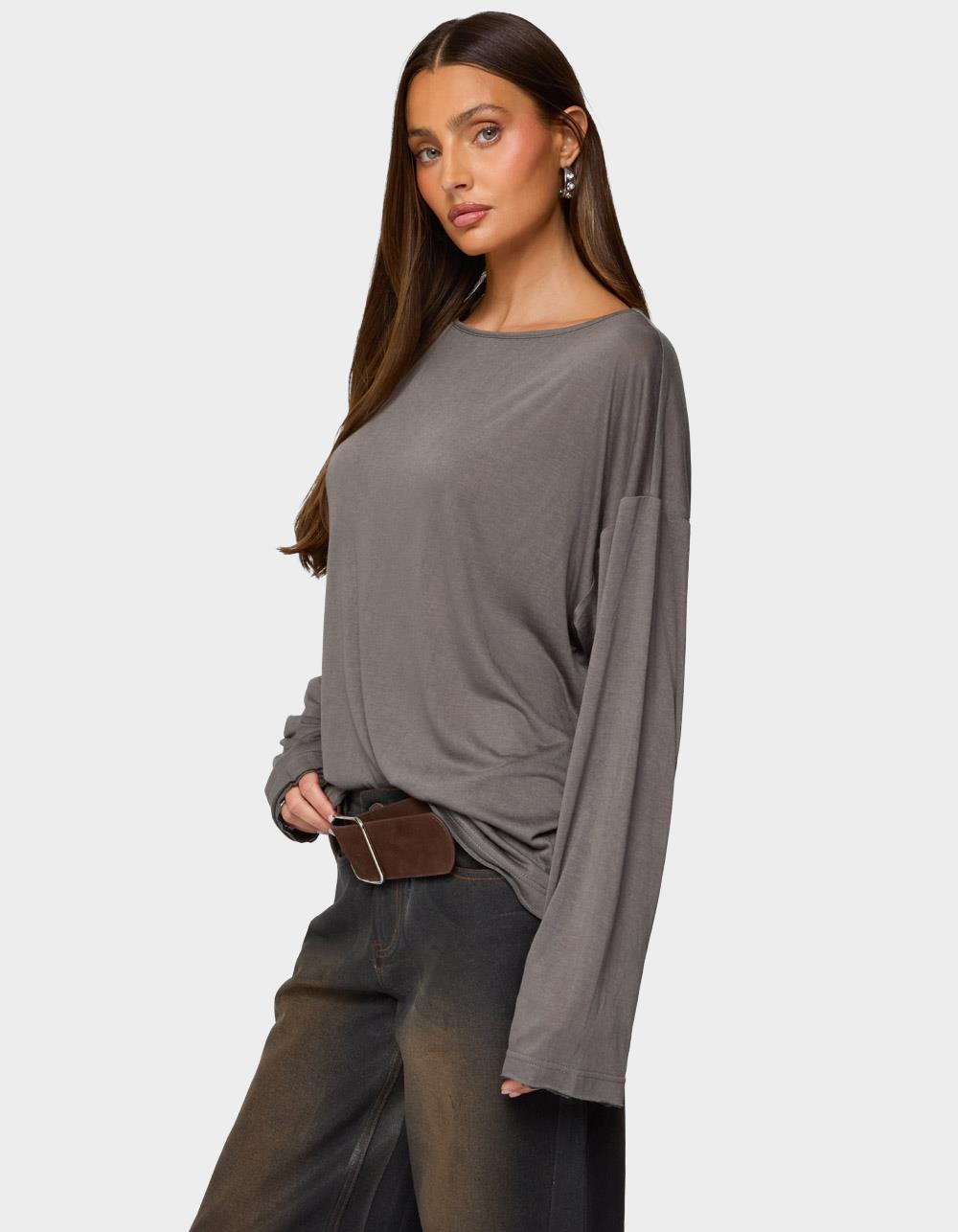 EDIKTED Oversized Semi Sheer Long Sleeve Tee - GRAY