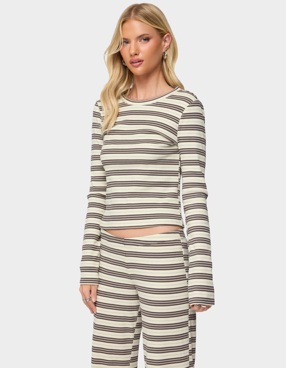 EDIKTED Avalie Striped Ribbed Long Sleeve Tee - BLACK