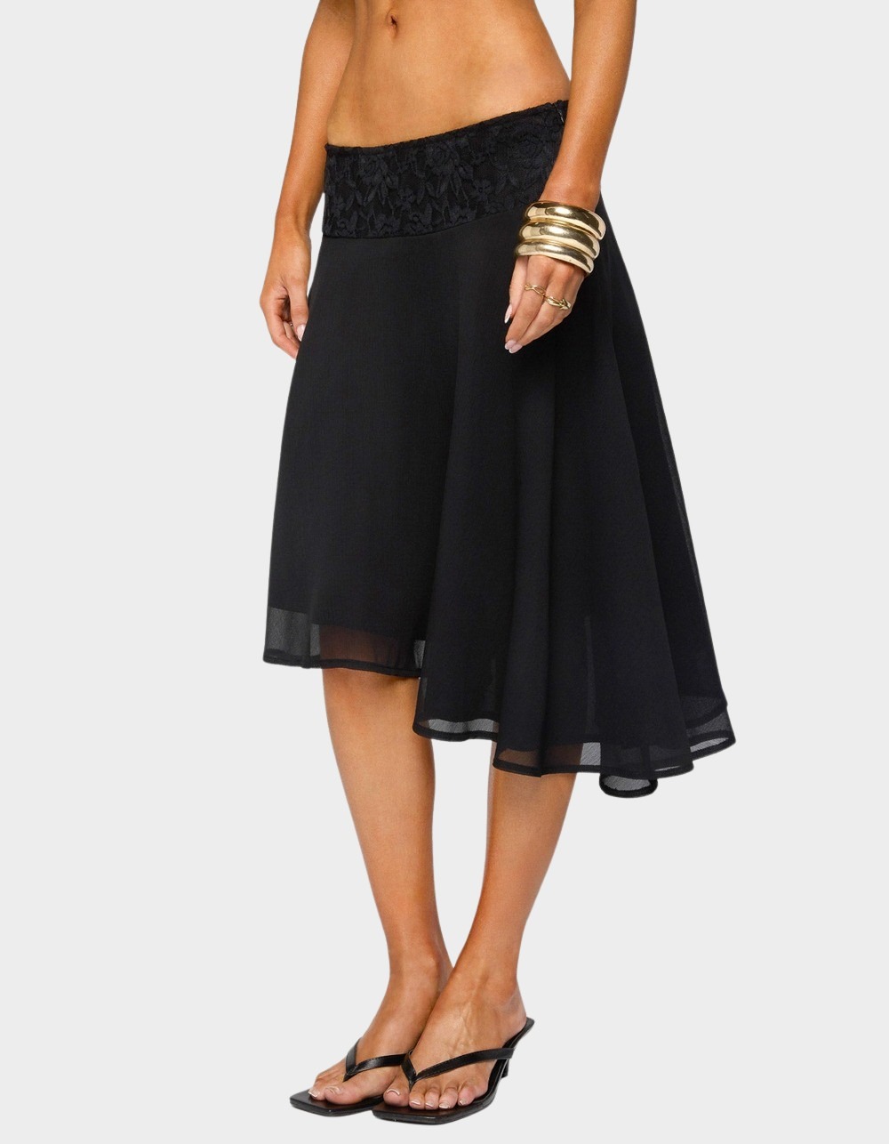 EDIKTED Evia Lacey Asymmetric Midi Skirt - BLACK