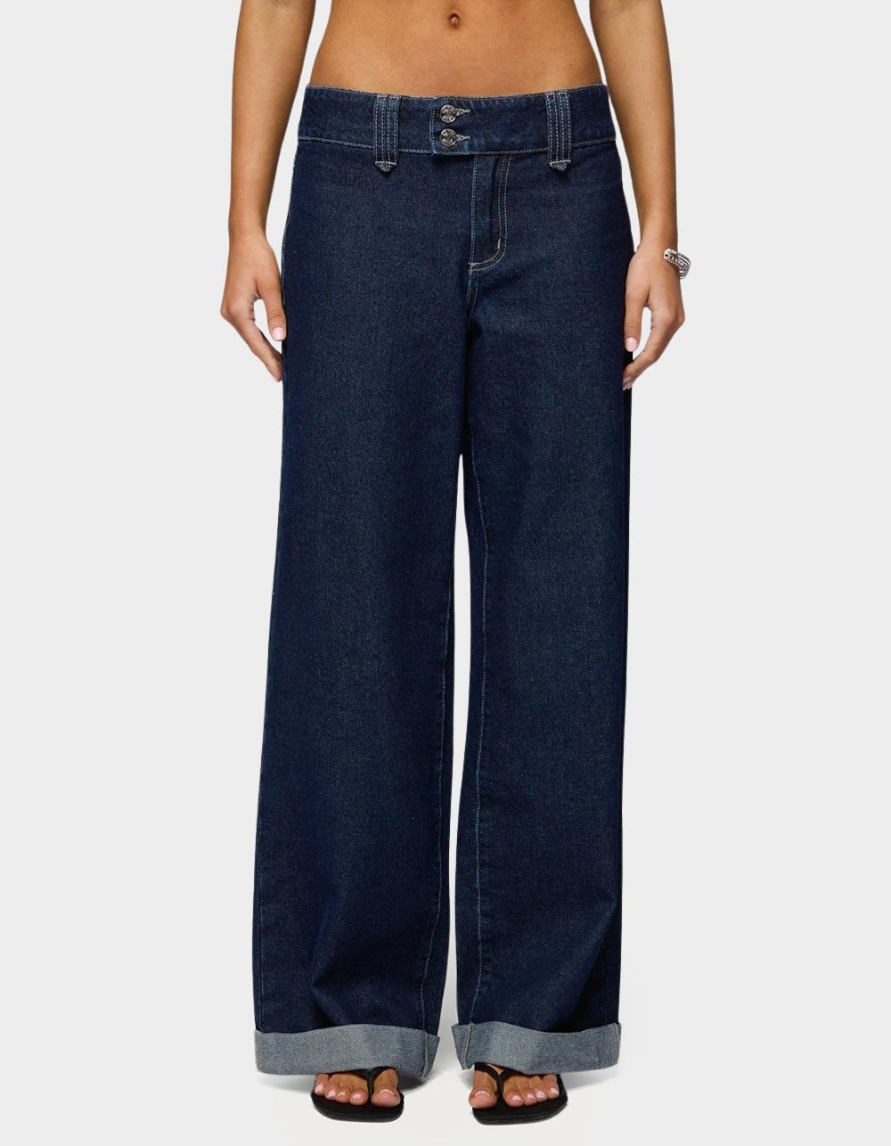 EDIKTED Cuffed Low Rise Straight Leg Jeans - DARK BLUE