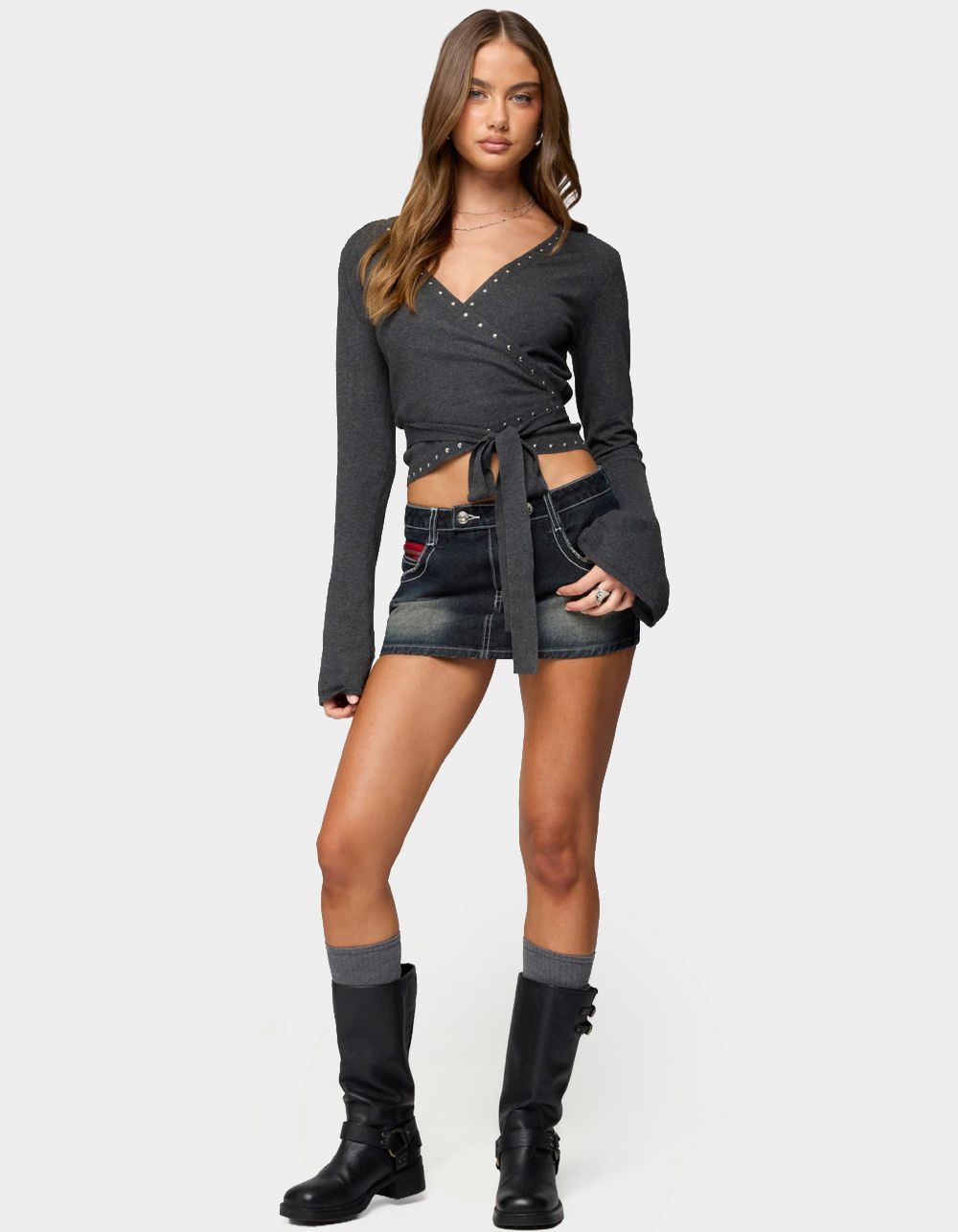 EDIKTED Jakari Contrast Stitch Denim Mini Skort - BLUE