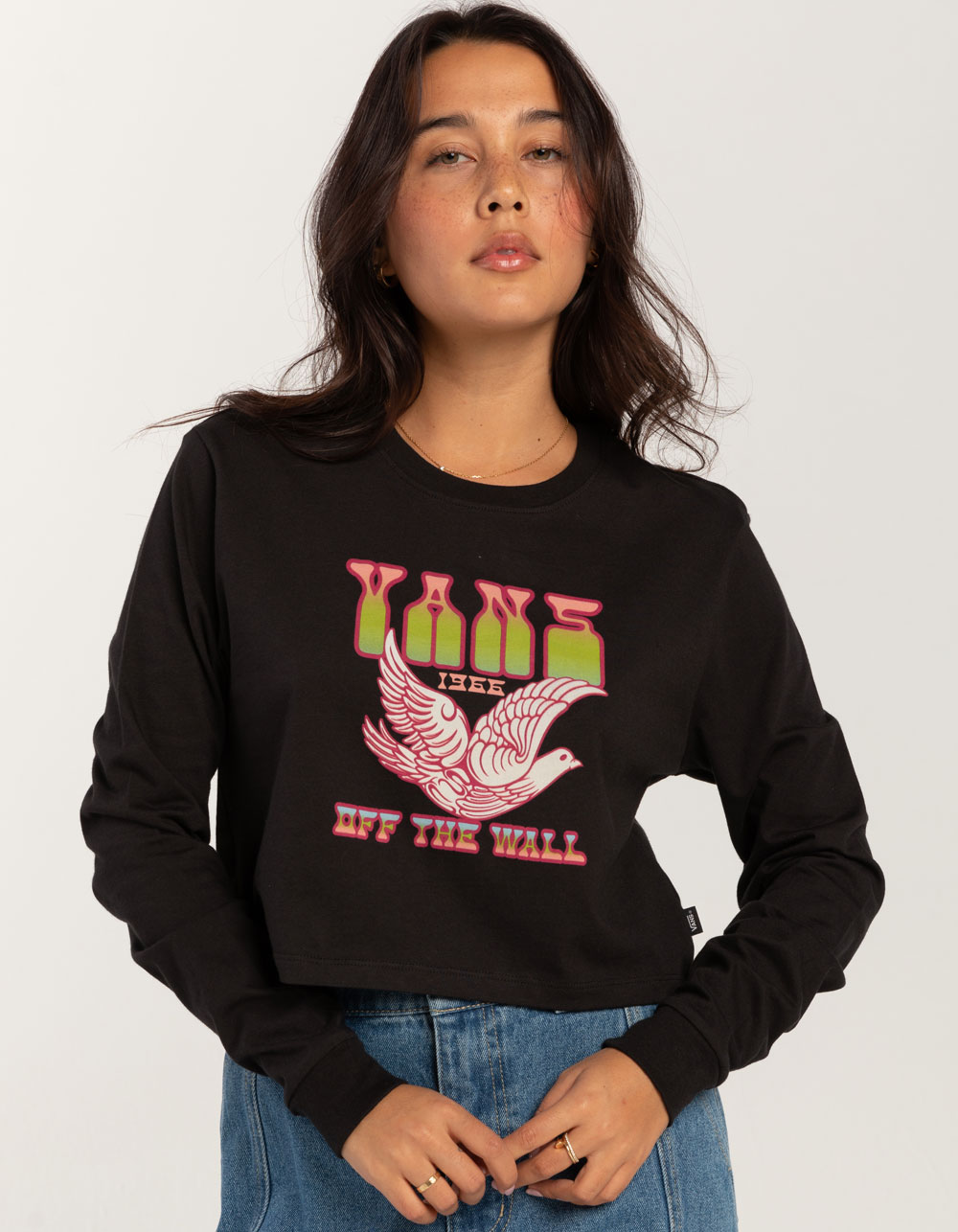 VANS Doves Womens Crop Long Sleeve Boyfriend Tee - BLACK