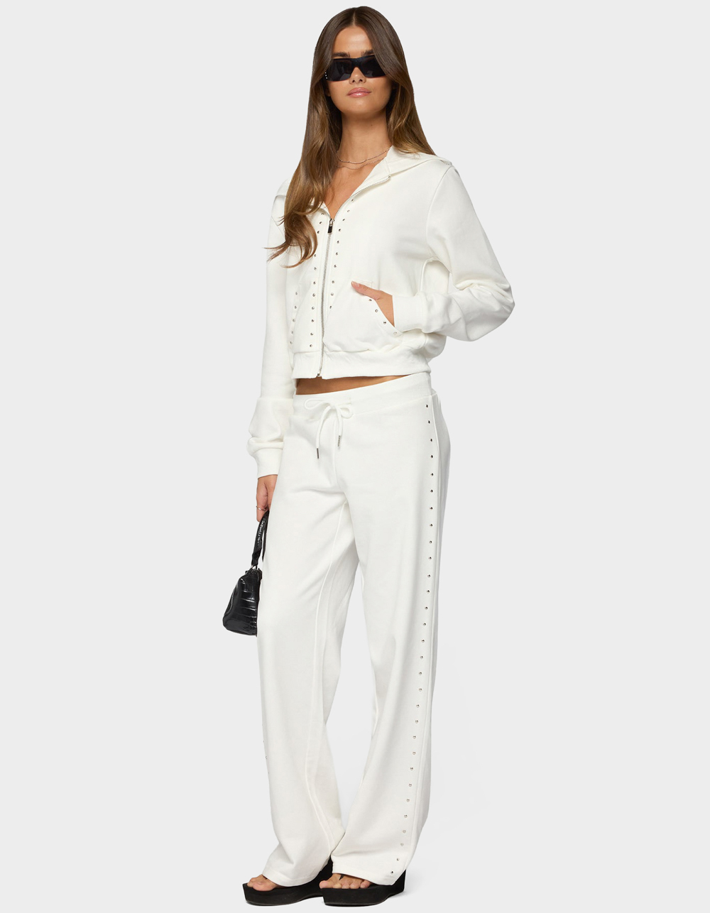 EDIKTED Enid Studded Zip Up Hoodie - WHITE