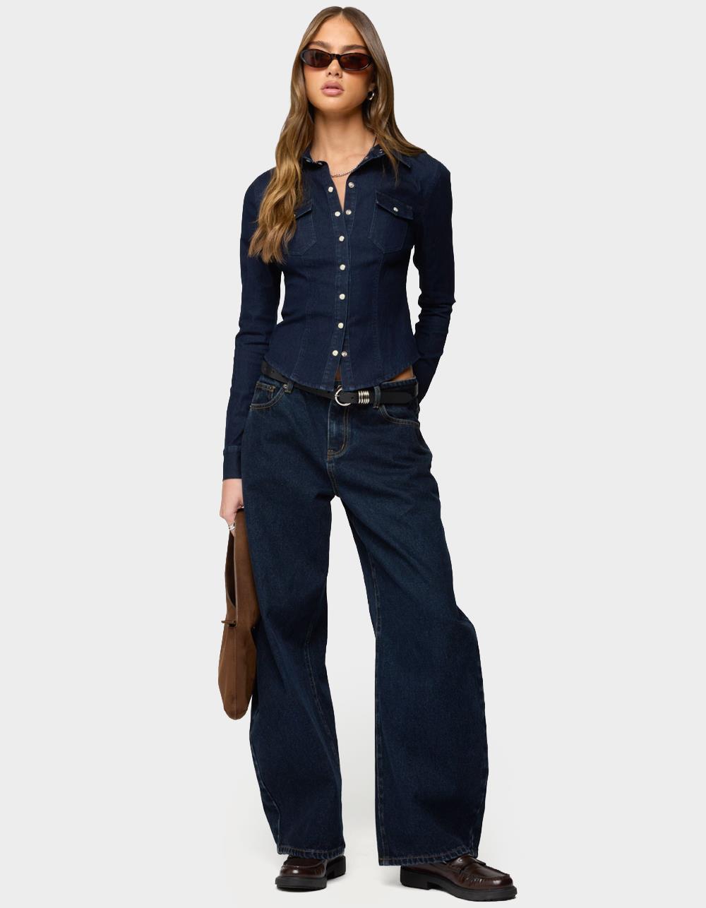 EDIKTED Shylo Stretchy Denim Button Up Shirt - DARK BLUE