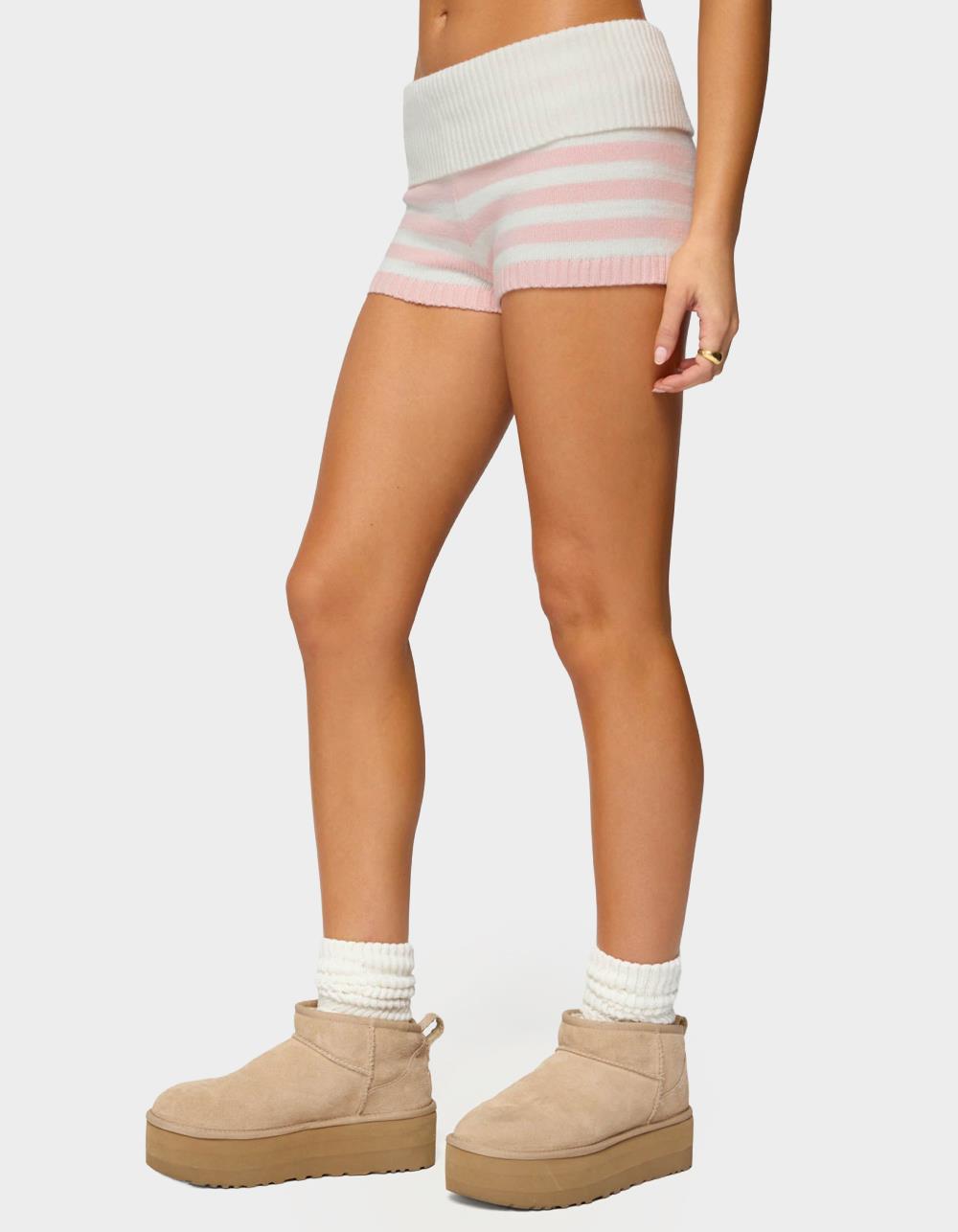 EDIKTED Saphi Striped Foldover Knit Shorts - LIGHT PINK