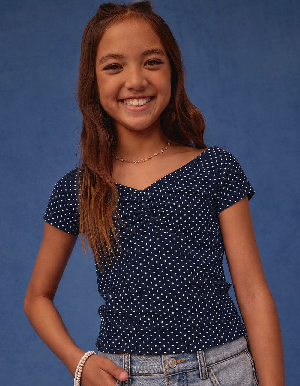 FULL TILT Off The Shoulder Girls Polka Dot Top - NAVY COMBO