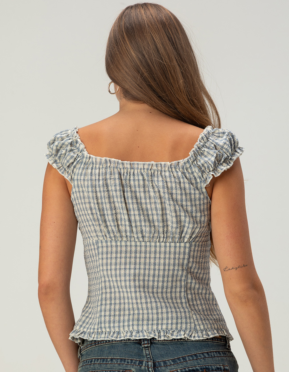 RSQ Womens Ruffle Button Front Top - BLUE COMBO