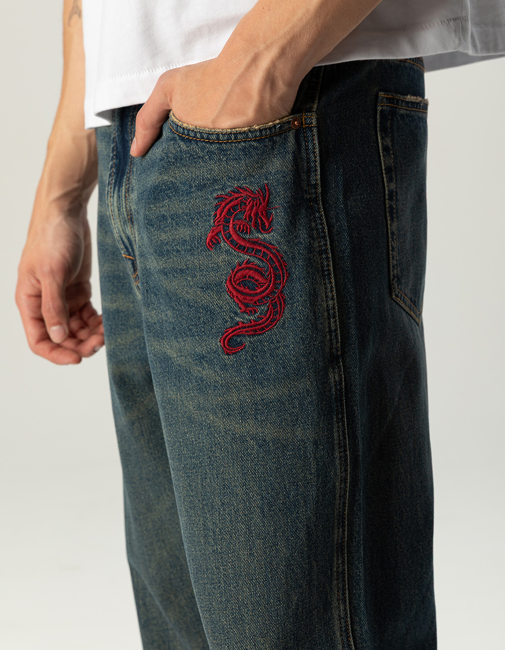 RSQ Mens Embroidered Dragon Baggy Jeans - DARK OIL