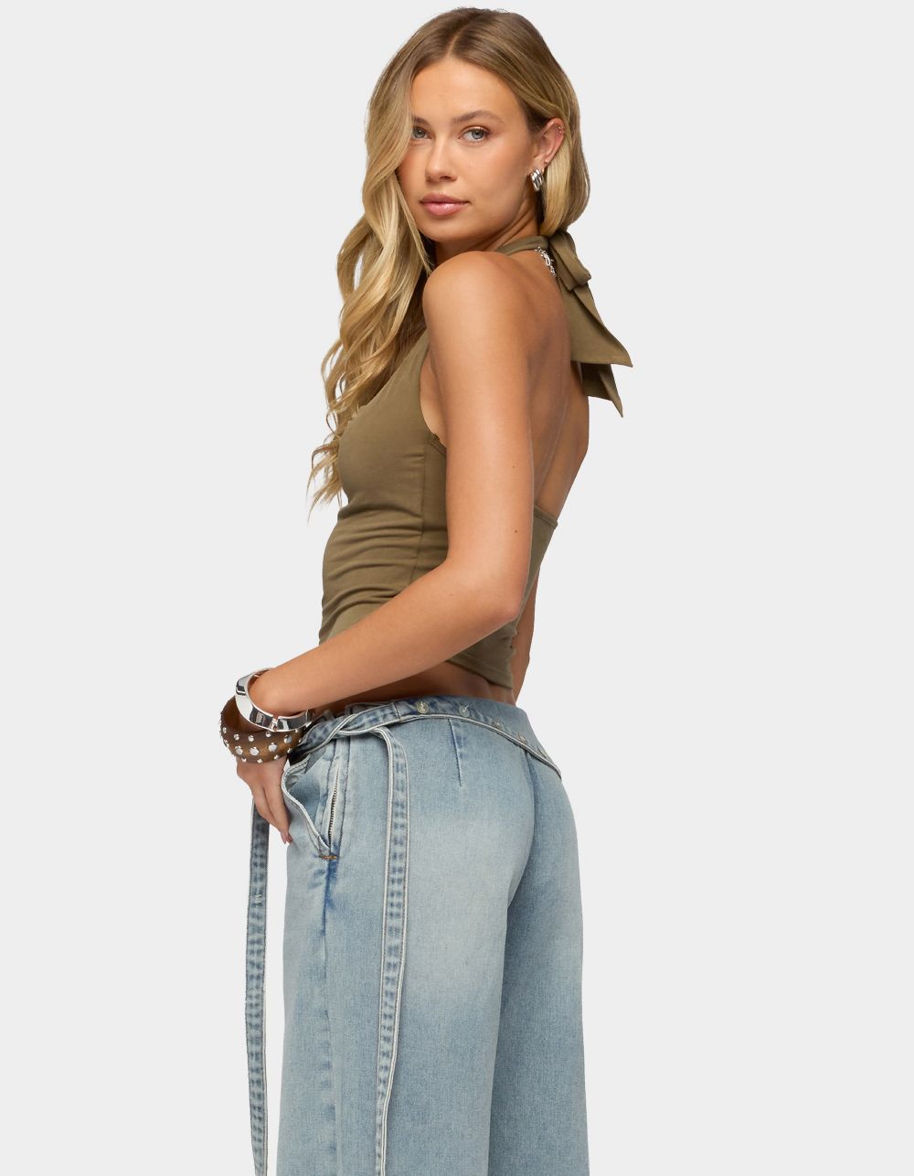 EDIKTED Montanah Pleated Halter Top - DK GREEN