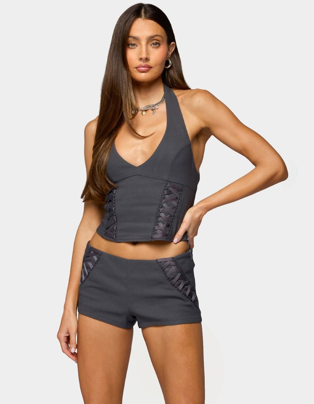 EDIKTED Lirah Laced Up Halter Top - GRAY