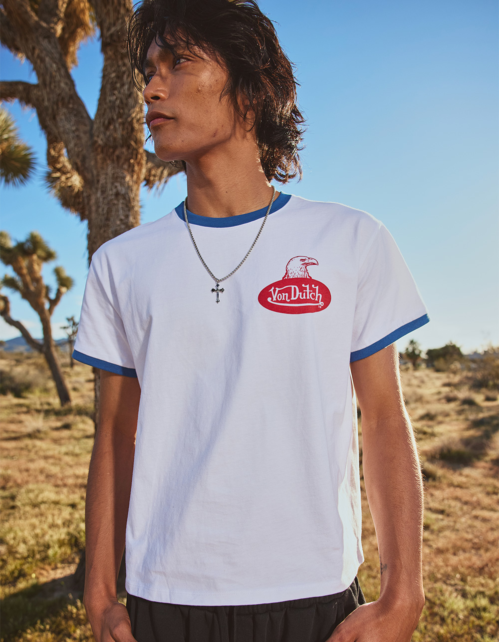 VON DUTCH Genuine Riders Mens Ringer Tee - OFF WHITE