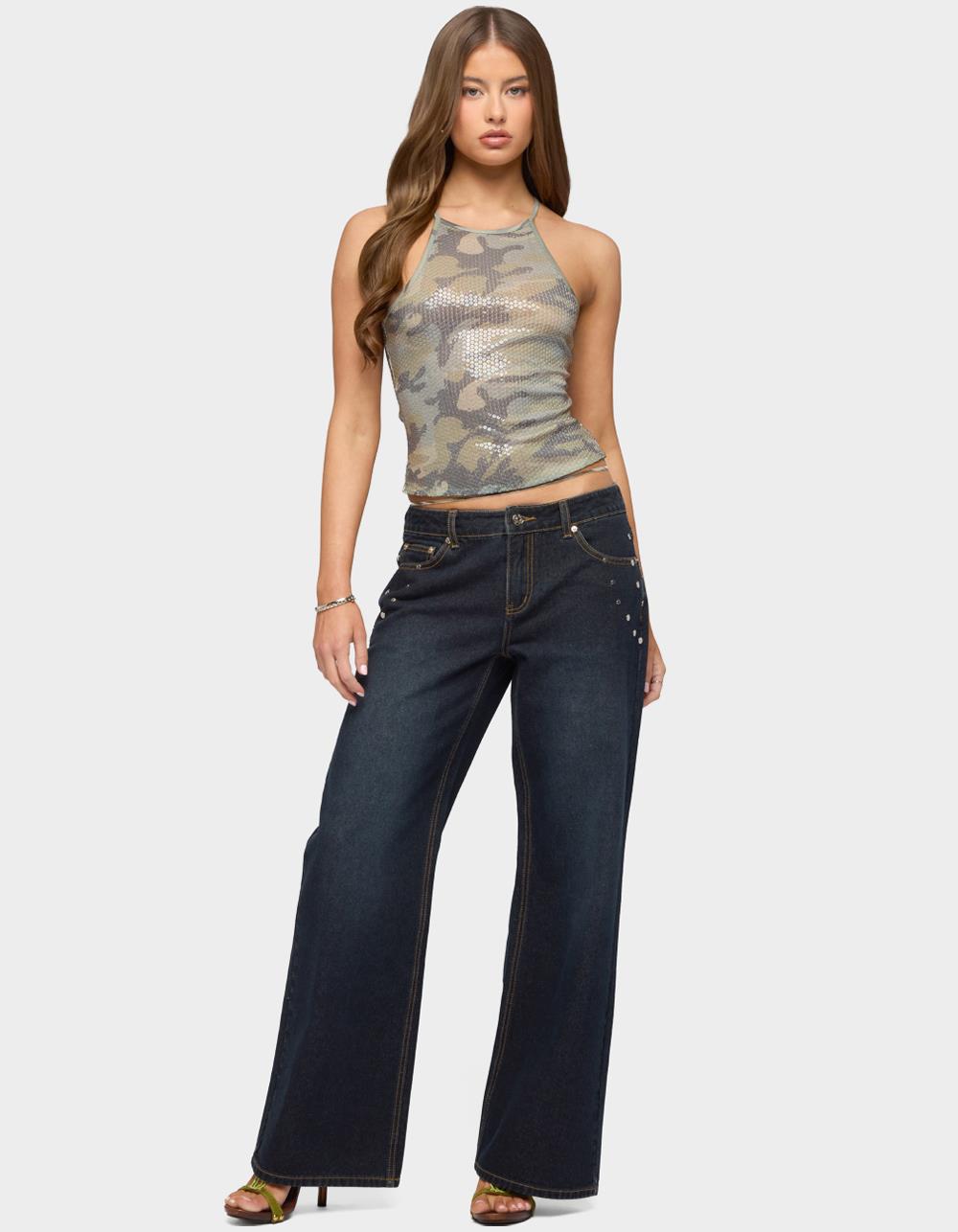 EDIKTED Spiral Studded Low Rise Baggy Jeans - DARK BLUE