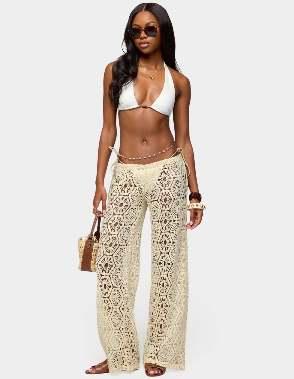 EDIKTED Amrita Baggy Crochet Pants - LT YELLOW