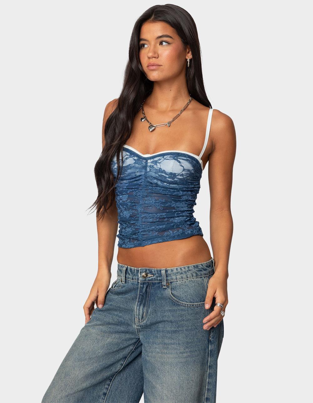 EDIKTED Eleanor Bra Detail Sheer Lace Top - NAVY