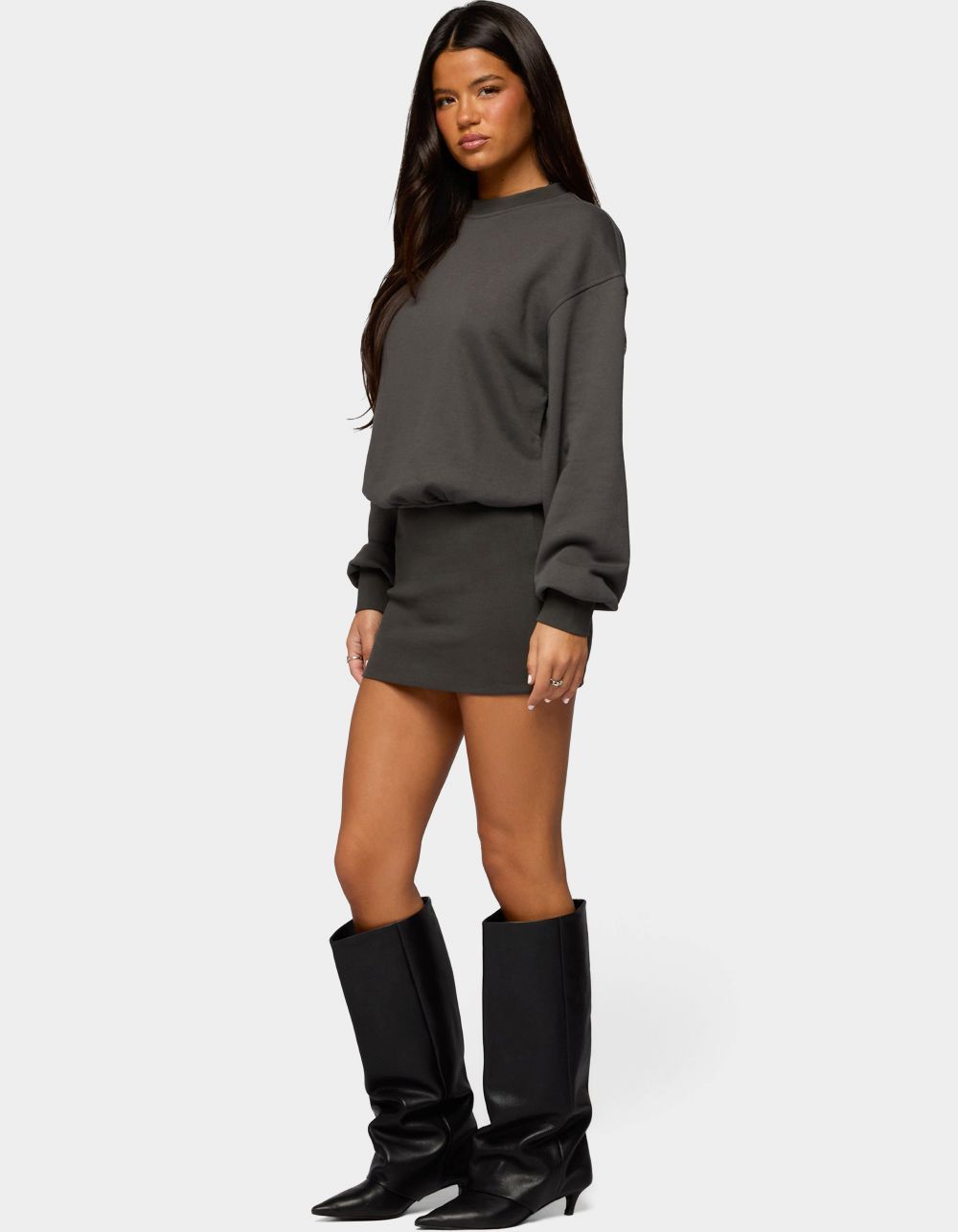 EDIKTED Jannah Sweatshirt Mini Dress - DARK GRAY