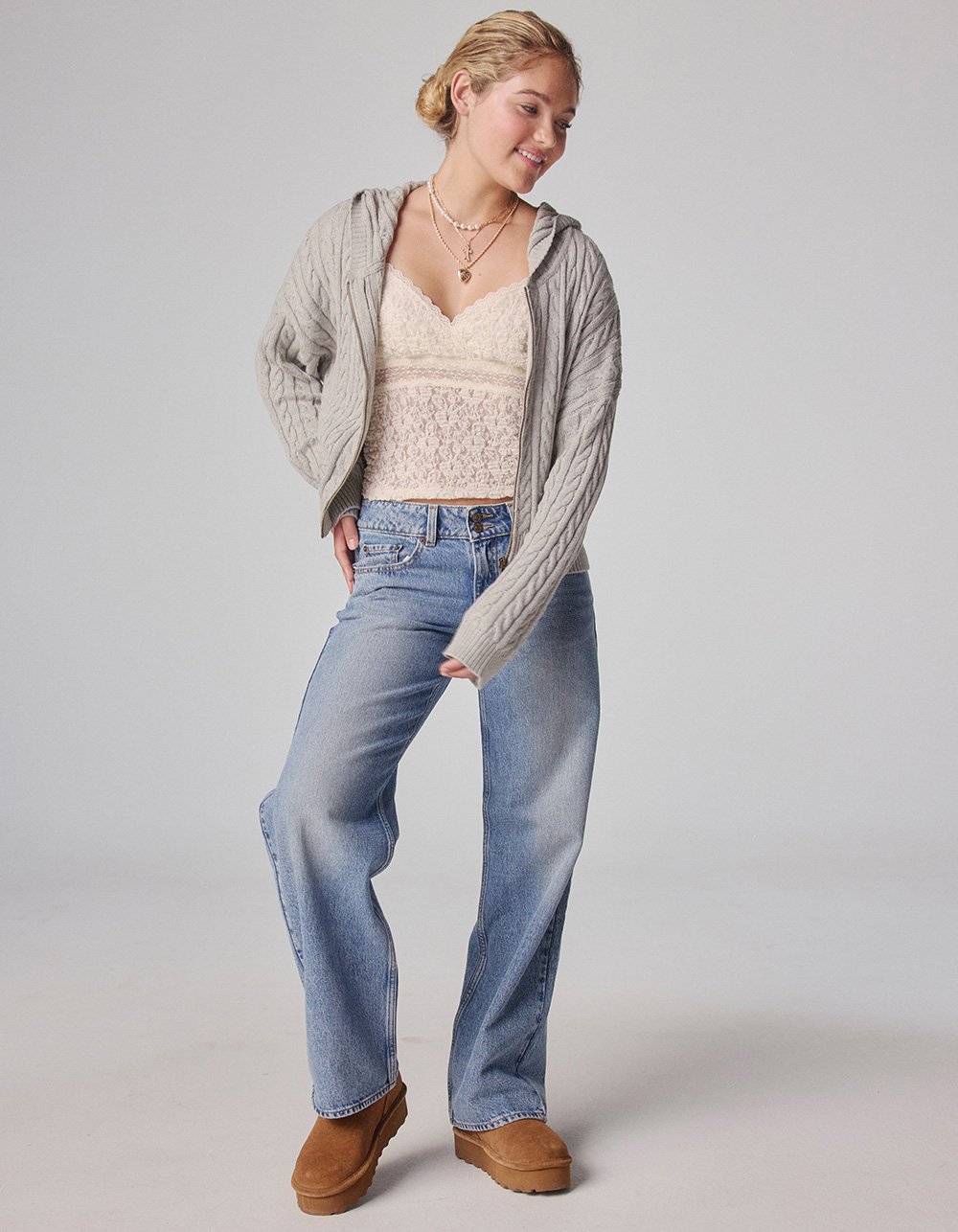 RSQ Womens Cable Knit Zip-Up Sweater - HEATHER GRAY