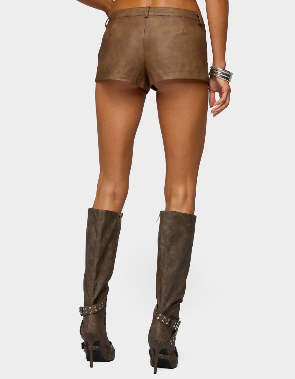 EDIKTED Idara Faux Leather Micro Shorts - BROWN