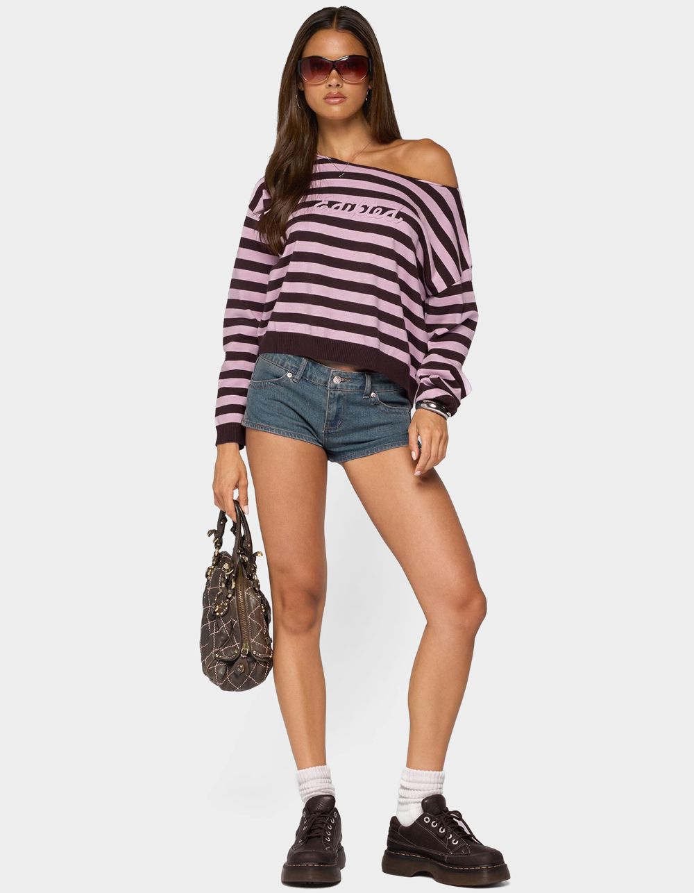 Edikted Campus Striped Knit Sweater - DK RED
