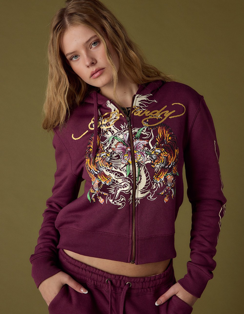 ED HARDY Tigers Womens Zip-Up Hoodie - FIG