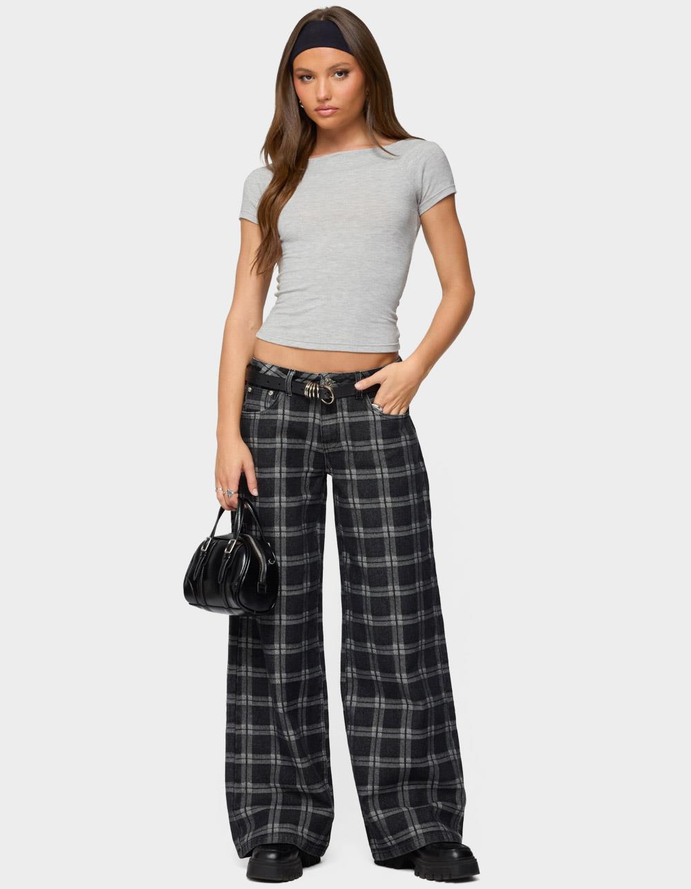 EDIKTED Kailani Plaid Low Rise Baggy Jeans - BLACK