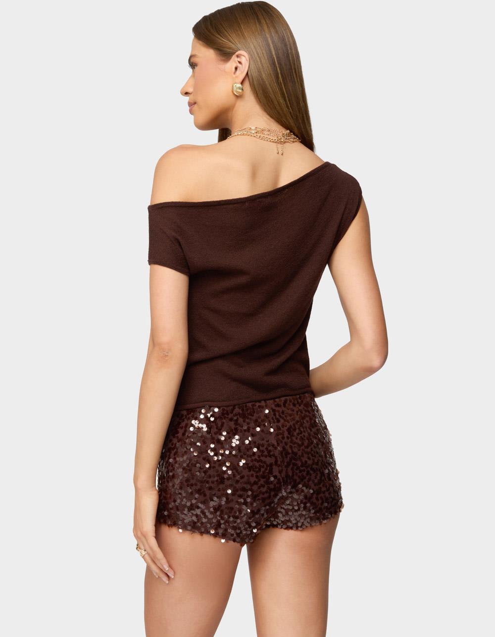 EDIKTED Holly Glitter Off Shoulder Top - DARK BROWN