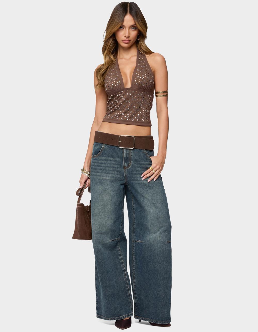 EDIKTED Santi Low Rise Wide Leg Jeans - DARK BLUE