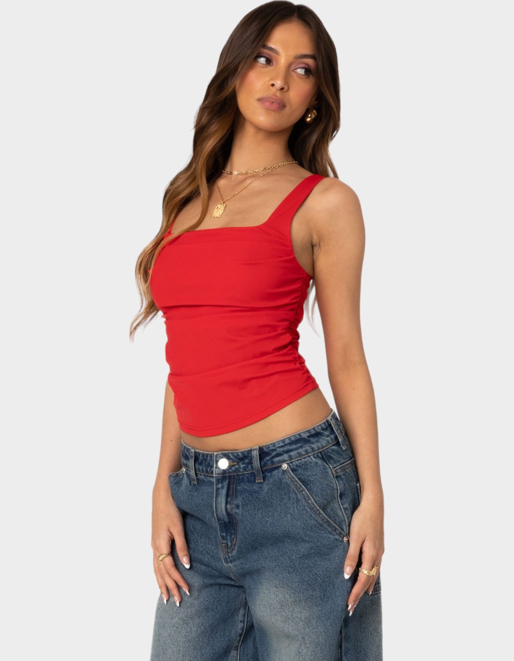 EDIKTED Rio Ruched Square Neck Top - RED