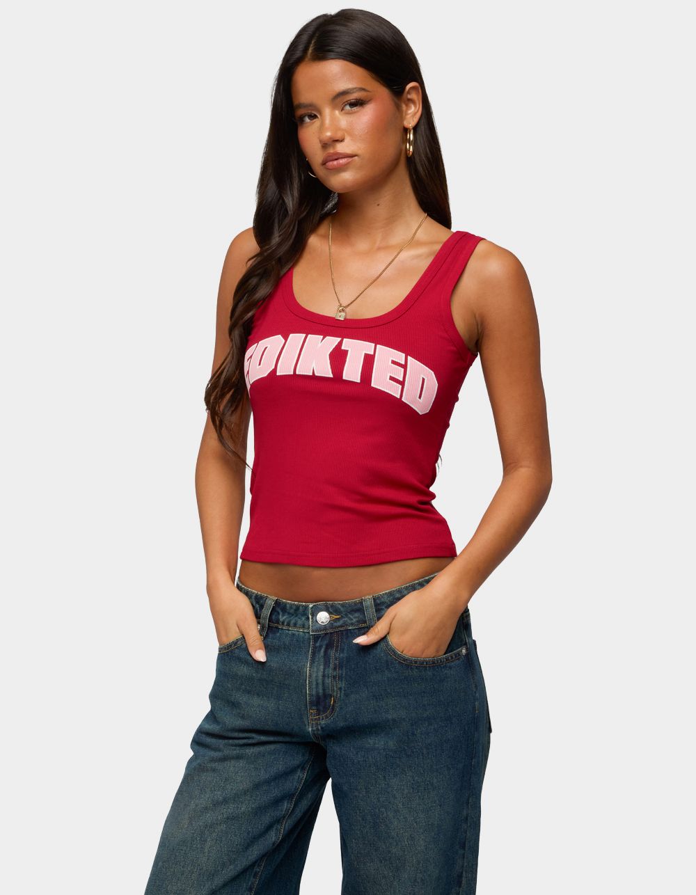 EDIKTED Girly Ribbed Tank Top - DK RED