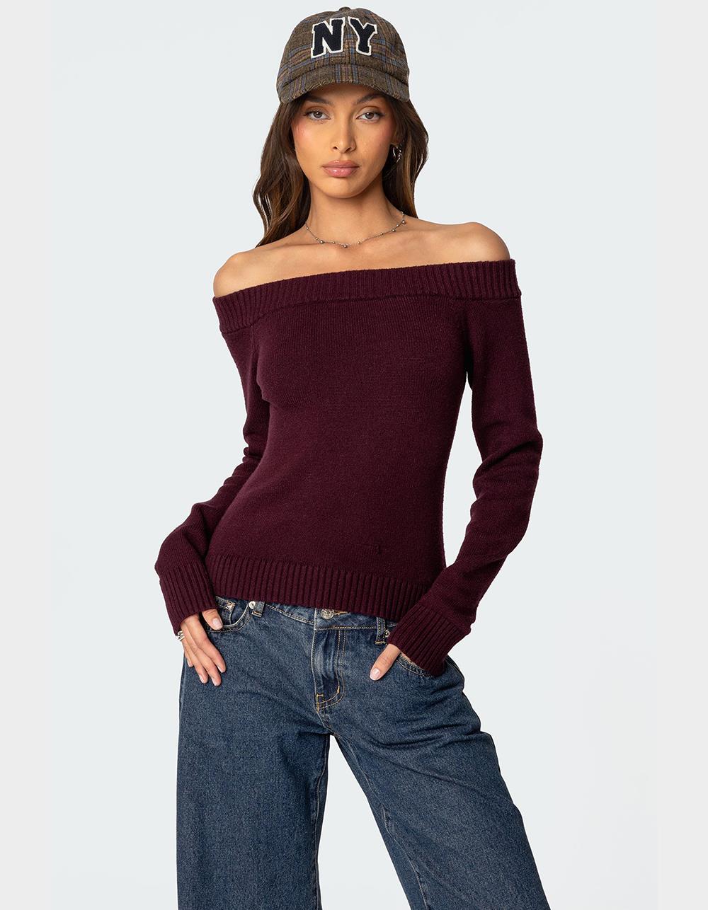 EDIKTED Elona Off Shoulder Knit Top - DK RED