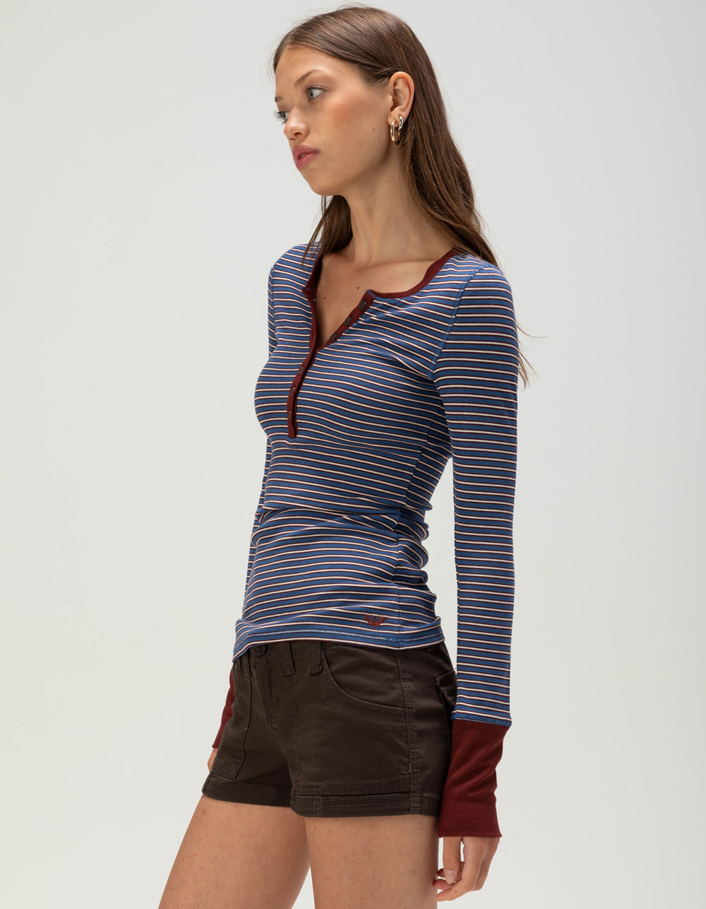 ROXY Hillside Womens Long Sleeve Stripe Henley Top - BLUE COMBO