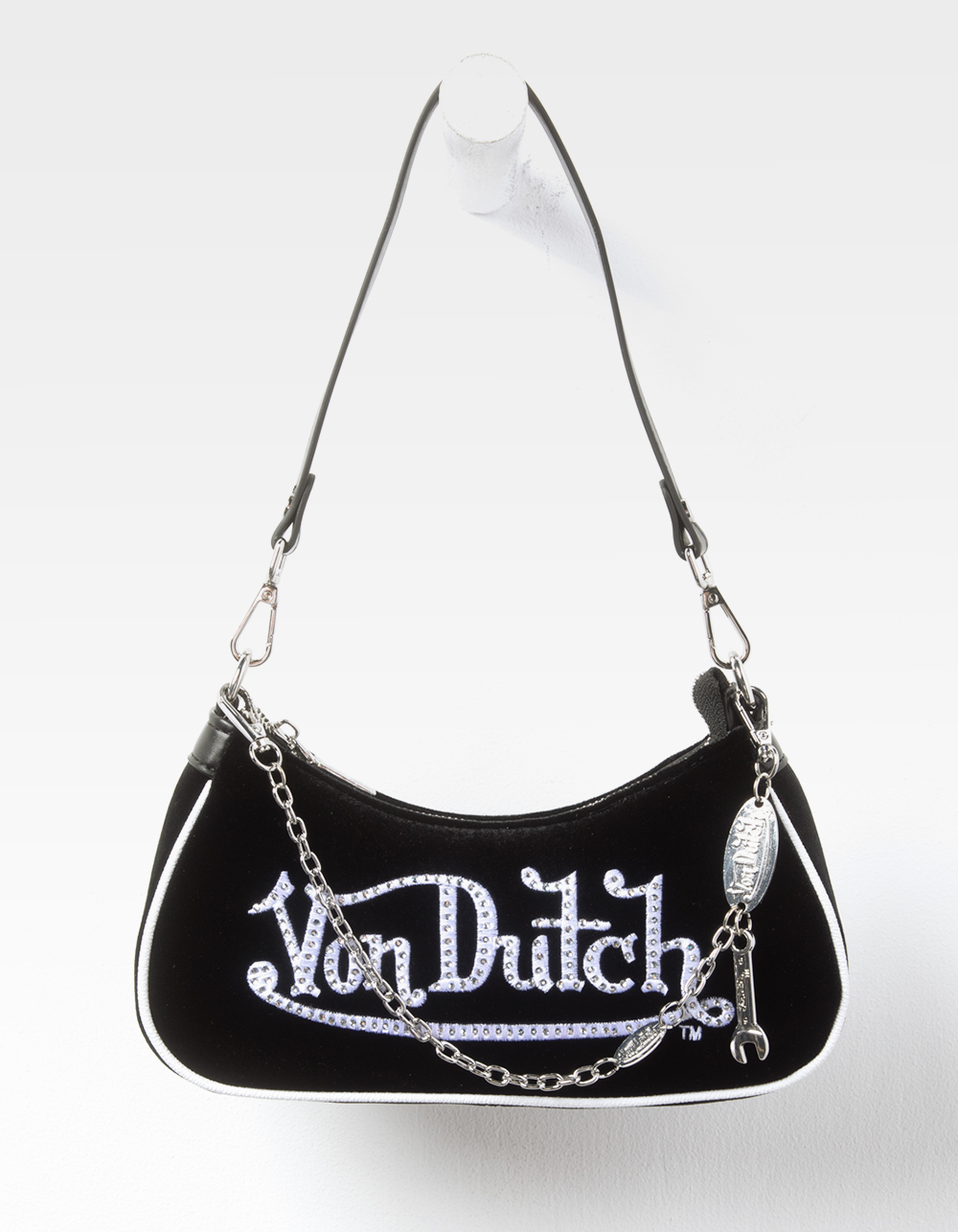 VON DUTCH Rhinestone Velvet Shoulder Bag - BLACK