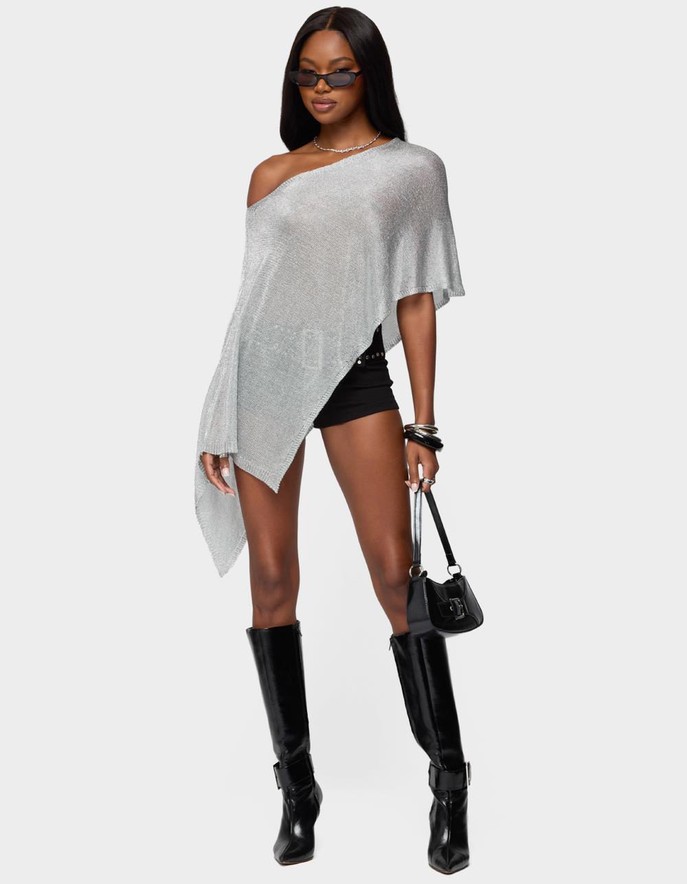 EDIKTED Azalia Asymmetric Knit Poncho - SILVER | Tillys