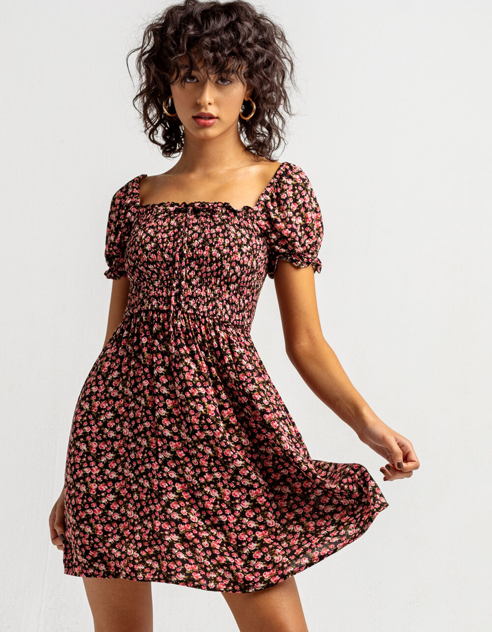 TIMING Ditsy Smocked Puff Sleeve Black & Pink Dress BLACK/PINK Tillys