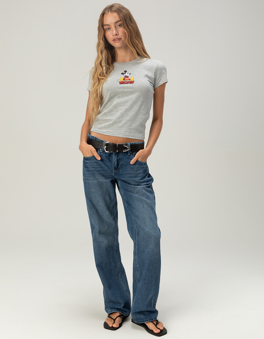 DISNEY Mickey Mouse Retro Womens Embroidered Baby Tee - HEATHER GRAY