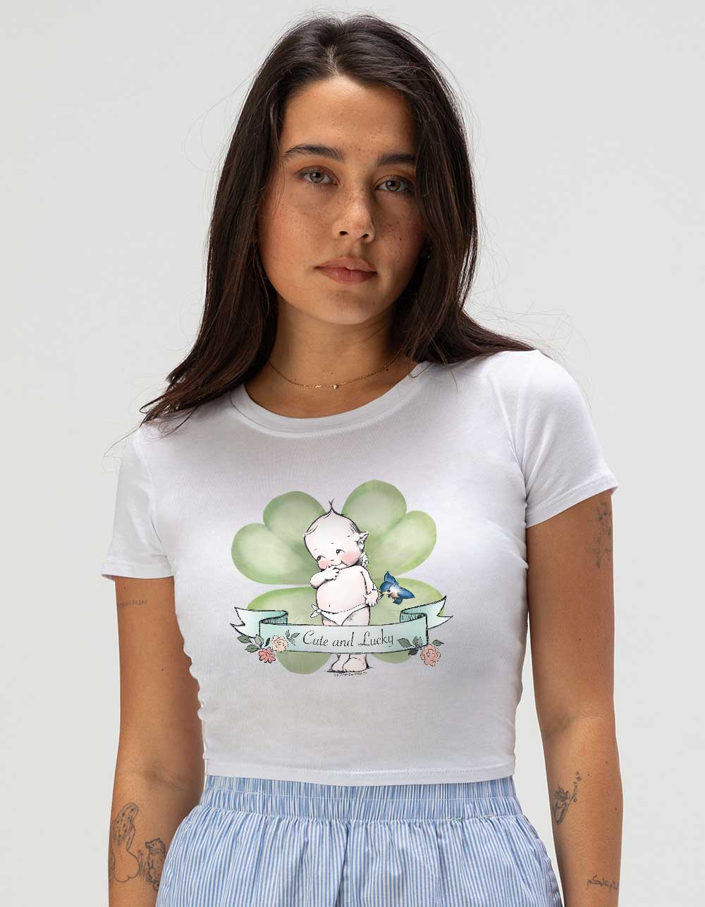 KEWPIE Cute And Lucky Womens Baby Tee - WHITE