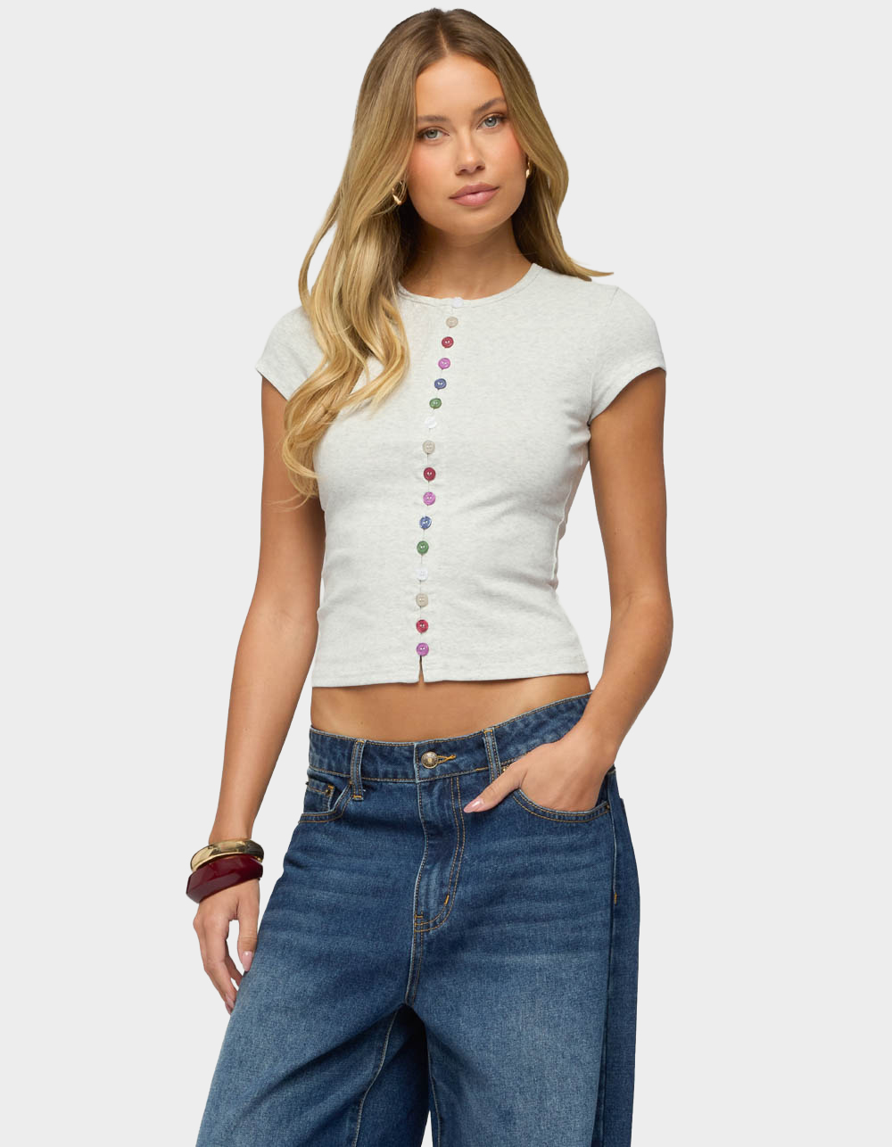 EDIKTED Cary Mixed Button Up Tee - GRAY