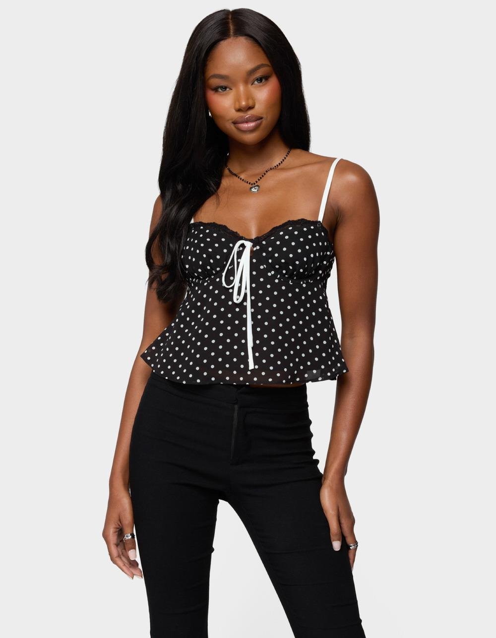 EDIKTED Contrast Polka Dot Cupped Chiffon Top - BLACK