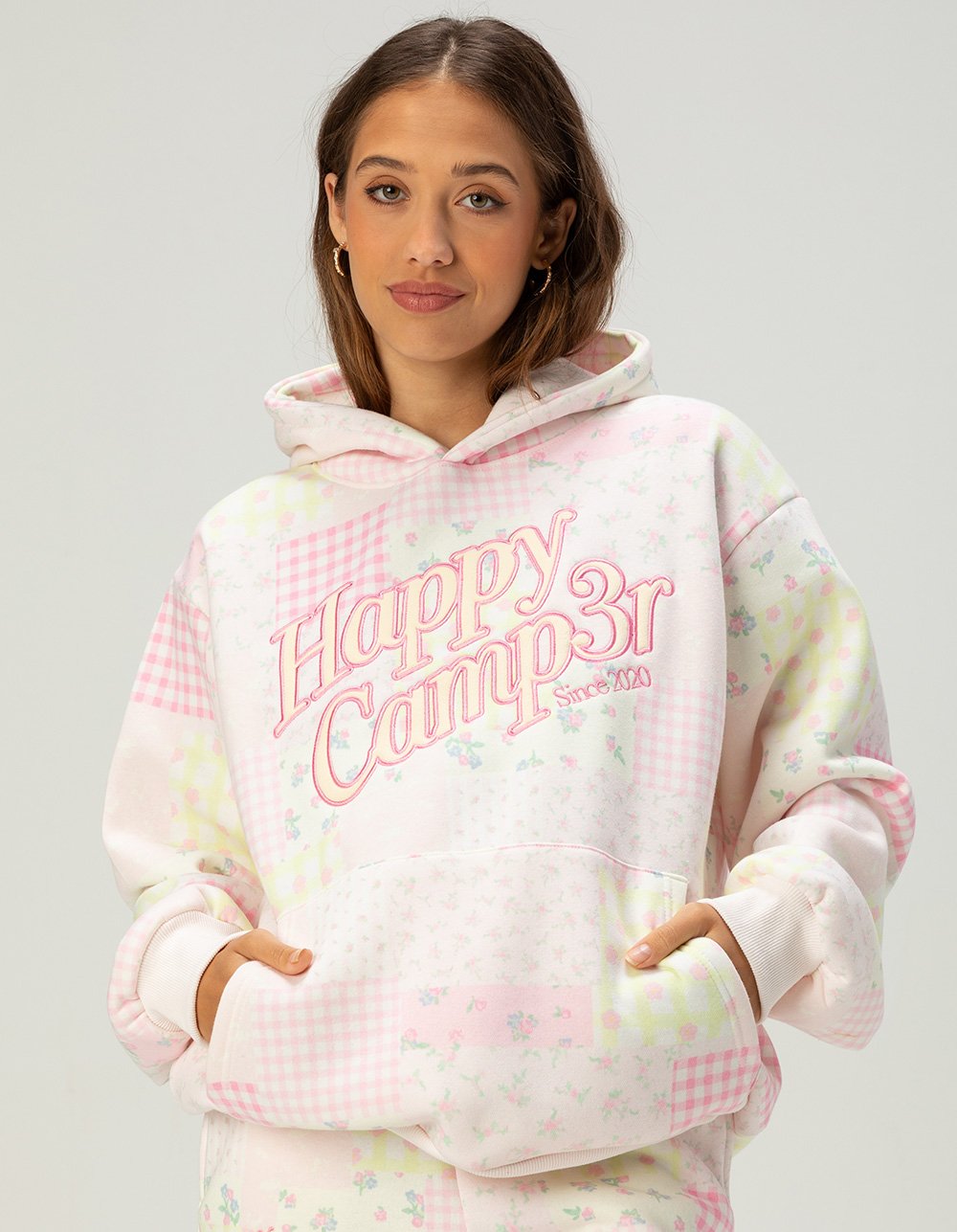 HAPPY CAMP3R PINK Patchwork Womens Hoodie - COMBO