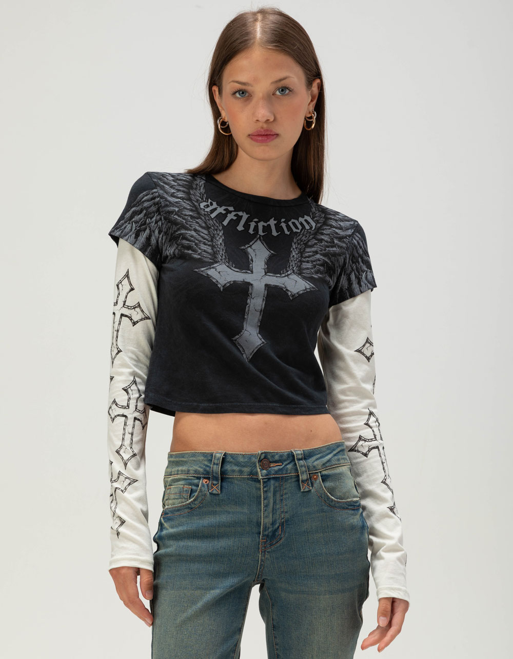 AFFLICTION Criss Cross Womens Long Sleeve 2fer Tee - BLK/WHT
