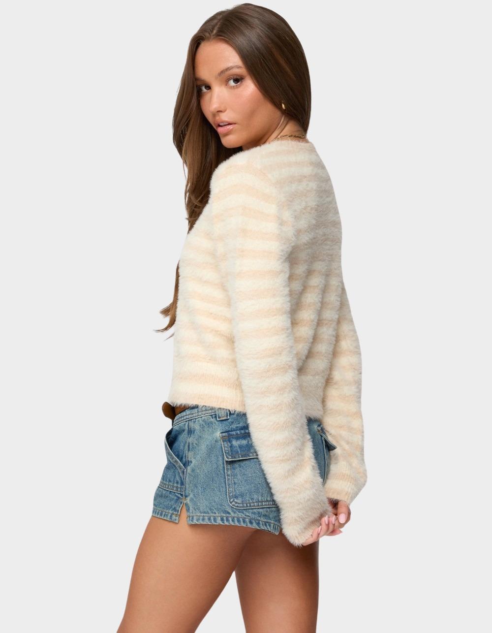 EDIKTED Aria Striped Fuzzy Knit Cardigan - BEIGE