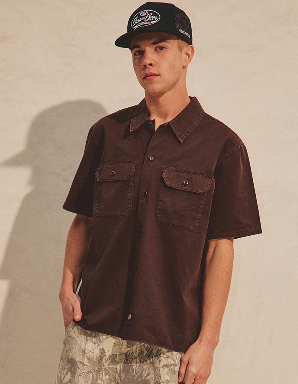 DICKIES Worn Mens Work Shirt - BROWN
