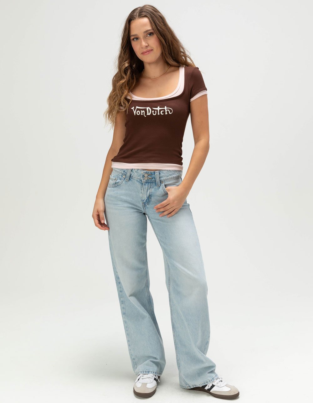 VON DUTCH Layered Womens Tee - BROWN/PINK