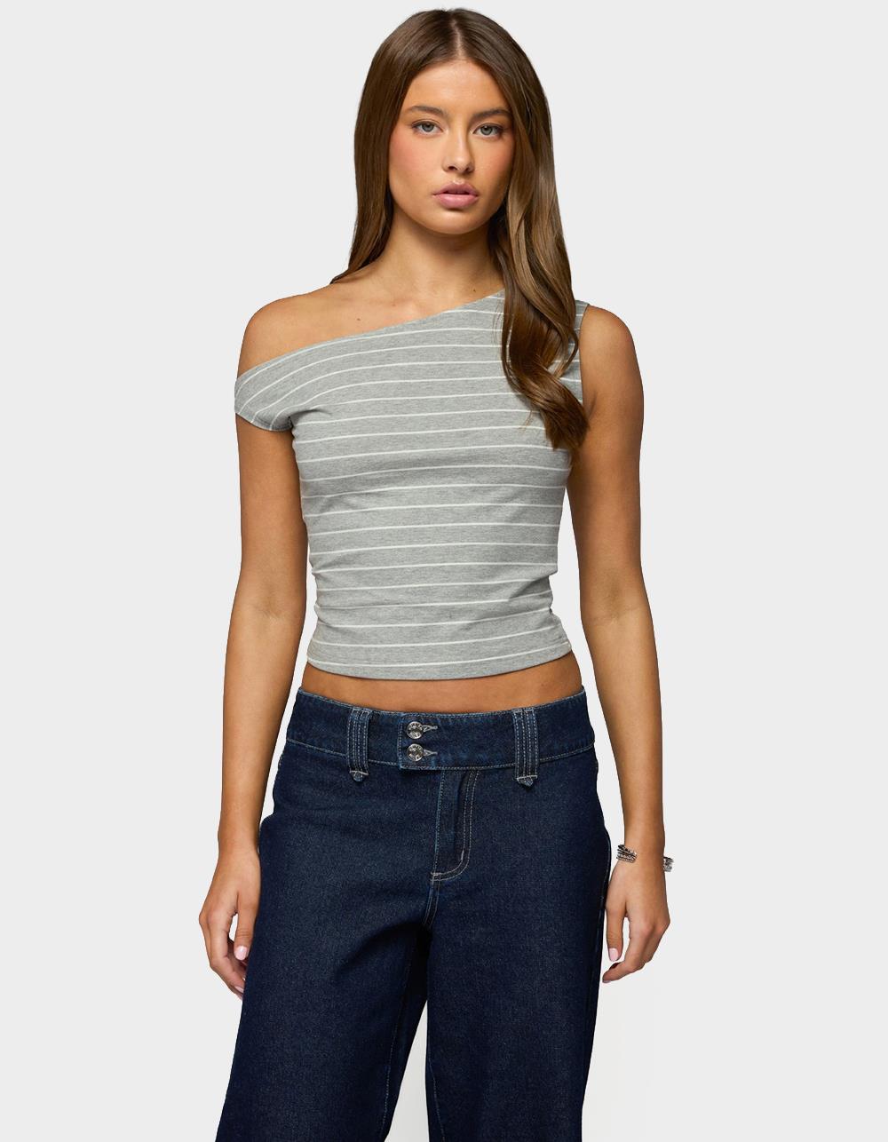 EDIKTED Keryn Striped Off Shoulder Top - GRAY